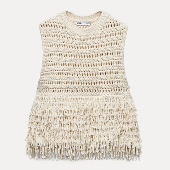 Zara Tops - Zara Cream Crochet Fringe Sleeveless Top